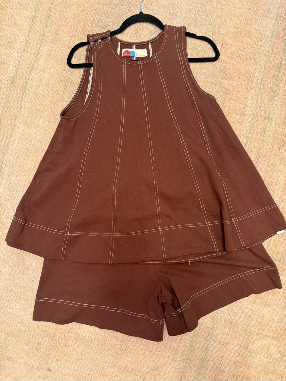 Free People Brown Sleeveless A-Line Shorts Set with Contrast Stitching